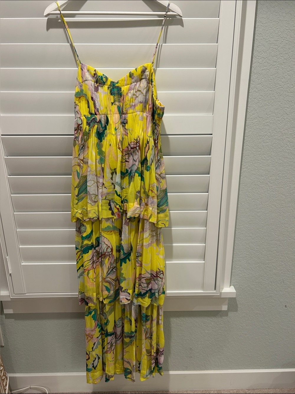 FARM Rio Yellow Floral Tiered Maxi Jumpsuit with Green & Pink Accents